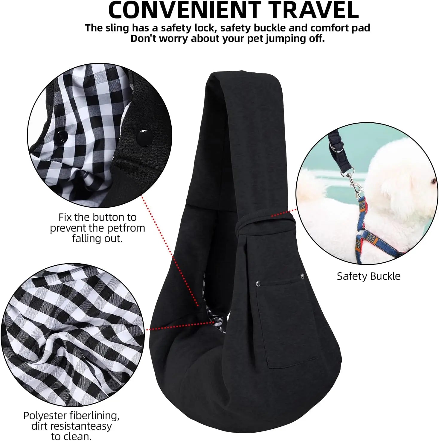Reversible Dog Carrier Sling with Storage Pocket - Hands-Free Pet Carrier for Small Dogs and Cats, Travel Safety Harness (Black)