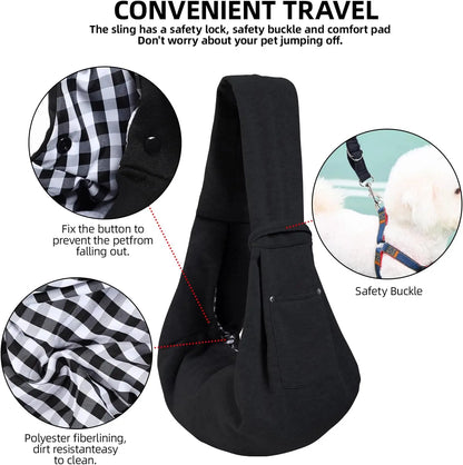 Reversible Dog Carrier Sling with Storage Pocket - Hands-Free Pet Carrier for Small Dogs and Cats, Travel Safety Harness (Black)