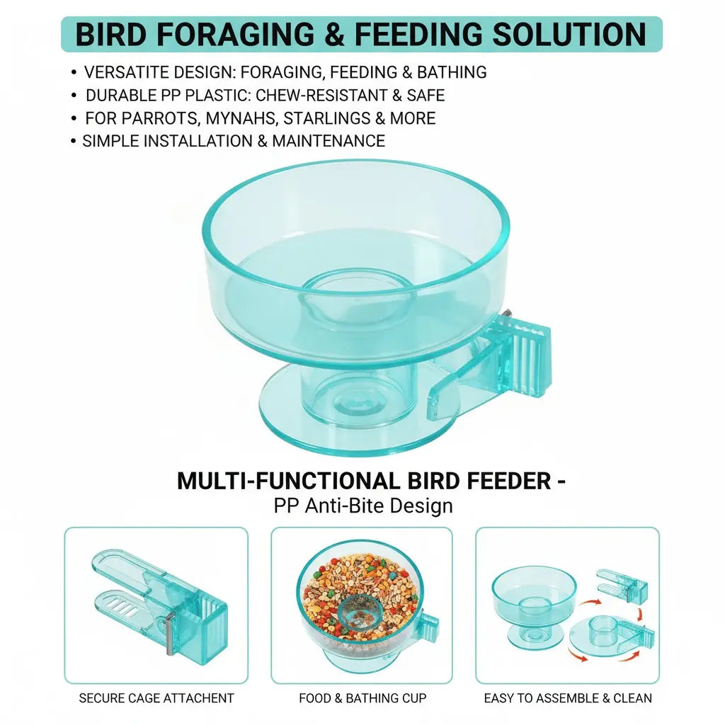 Premium Quick Lock Food Bowl for Bird Cages with Removable Bath and Transparent Perch Design for Small Pets and Multi-Pet Settings