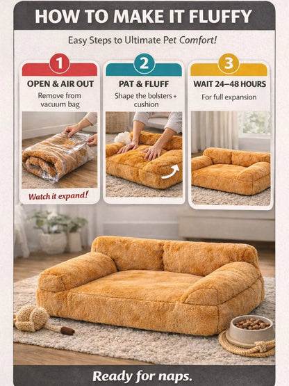 Premium Washable Pet Sofa Bed for Small to Medium Dogs and Cats - All-Season Indoor and Outdoor Lounger with Supportive Bolsters, Fits Two Pets, 35.4 x 21.7 x 10.2 inches, Brown Plush Fabric with PP Cotton Filling