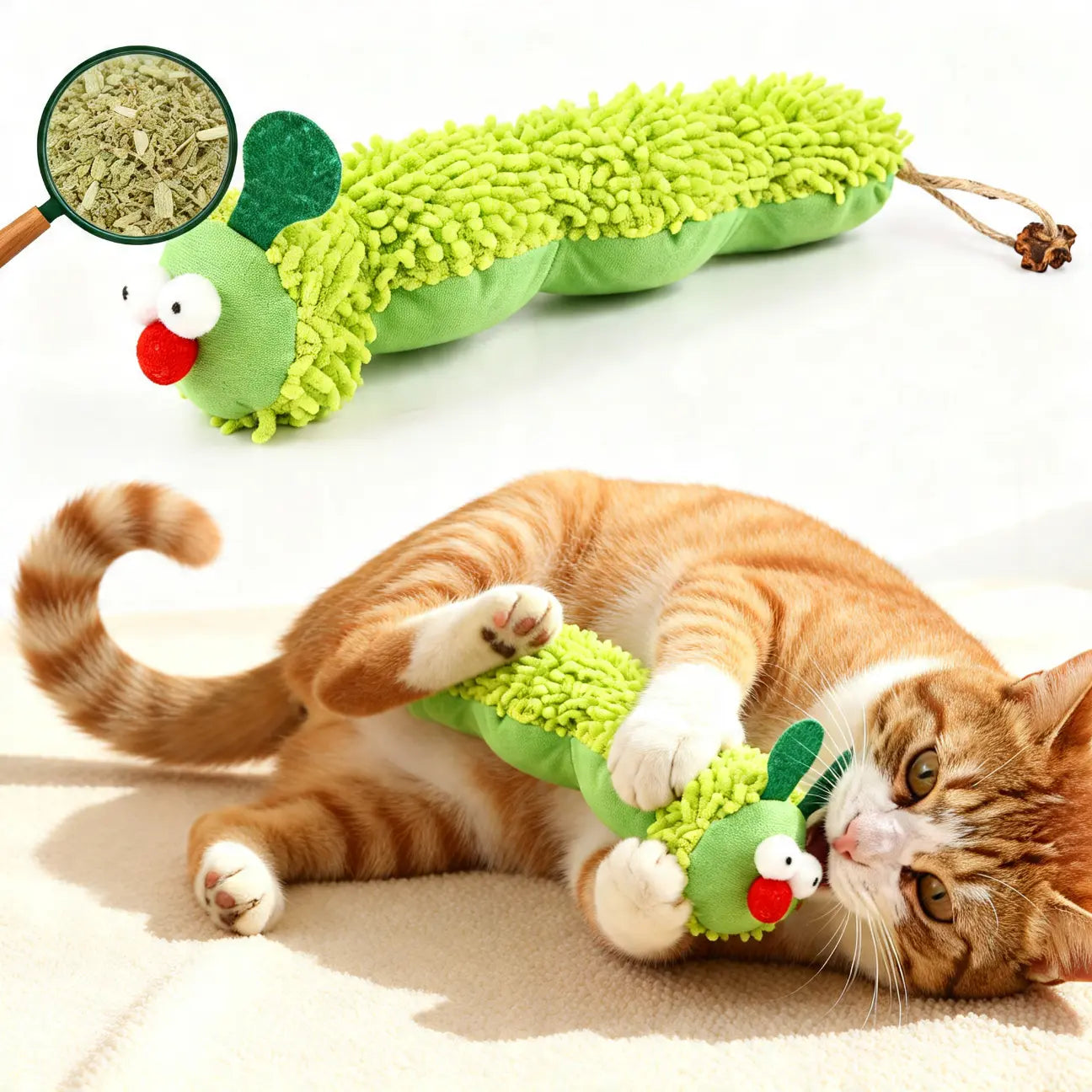 Catnip Caterpillar Plush Pillow - Interactive Crinkle Sound Cat Toy with Catnip Head and Silvervine Tail for Indoor Cats