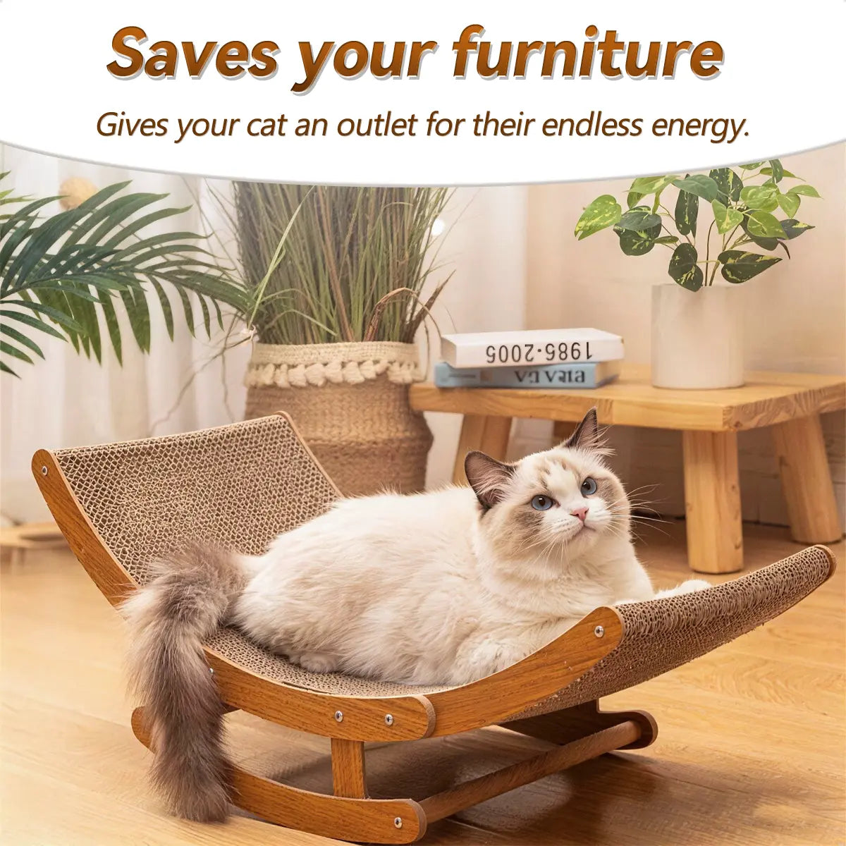 Elegant Bohemian Rocking Cat Scratcher Bed for Indoor Cats, Natural Sisal Curved Lounge with Sturdy Wooden Frame, Calming Anti-Anxiety Rocker Chair, Non-Shedding Comfortable Bed for Medium to Large Cats and Kittens, Easy Assembly