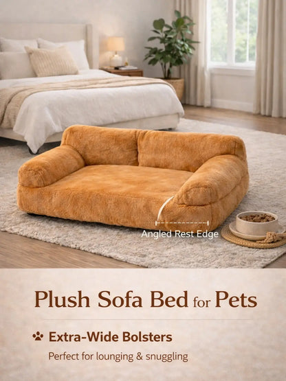 Premium Washable Pet Sofa Bed for Small to Medium Dogs and Cats - All-Season Indoor and Outdoor Lounger with Supportive Bolsters, Fits Two Pets, 35.4 x 21.7 x 10.2 inches, Brown Plush Fabric with PP Cotton Filling