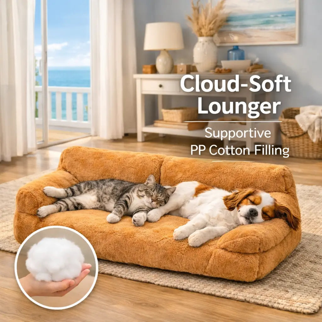 Premium Washable Pet Sofa Bed for Small to Medium Dogs and Cats - All-Season Indoor and Outdoor Lounger with Supportive Bolsters, Fits Two Pets, 35.4 x 21.7 x 10.2 inches, Brown Plush Fabric with PP Cotton Filling