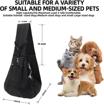 Reversible Dog Carrier Sling with Storage Pocket - Hands-Free Pet Carrier for Small Dogs and Cats, Travel Safety Harness (Black)