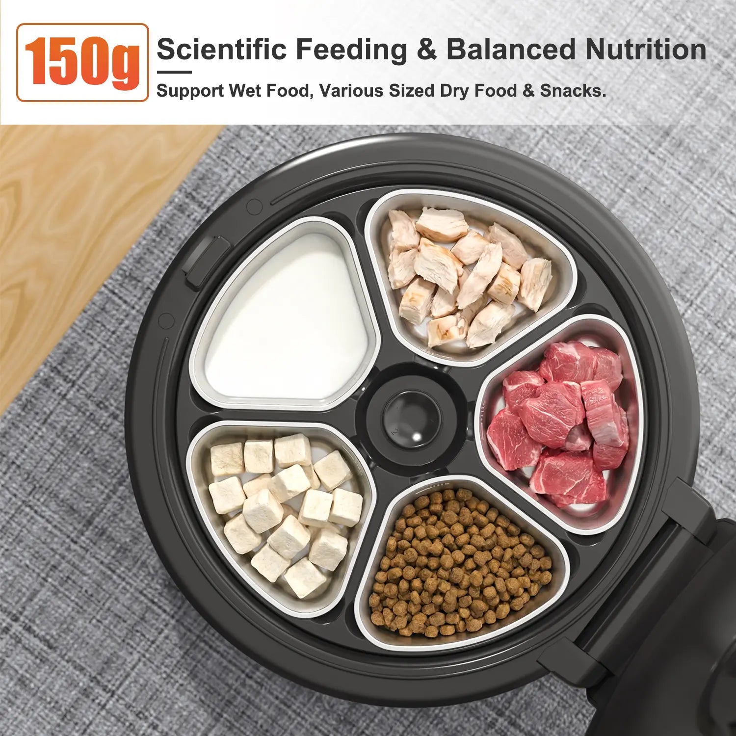 Premium Automatic Pet Feeder for Wet Food with Stainless Steel Bowl, Refrigeration System, App Control, HD 300° Wide-Angle Camera, Meal Warming Function, and Easy-Clean Design for Up to 5 Meals Over 3 Days