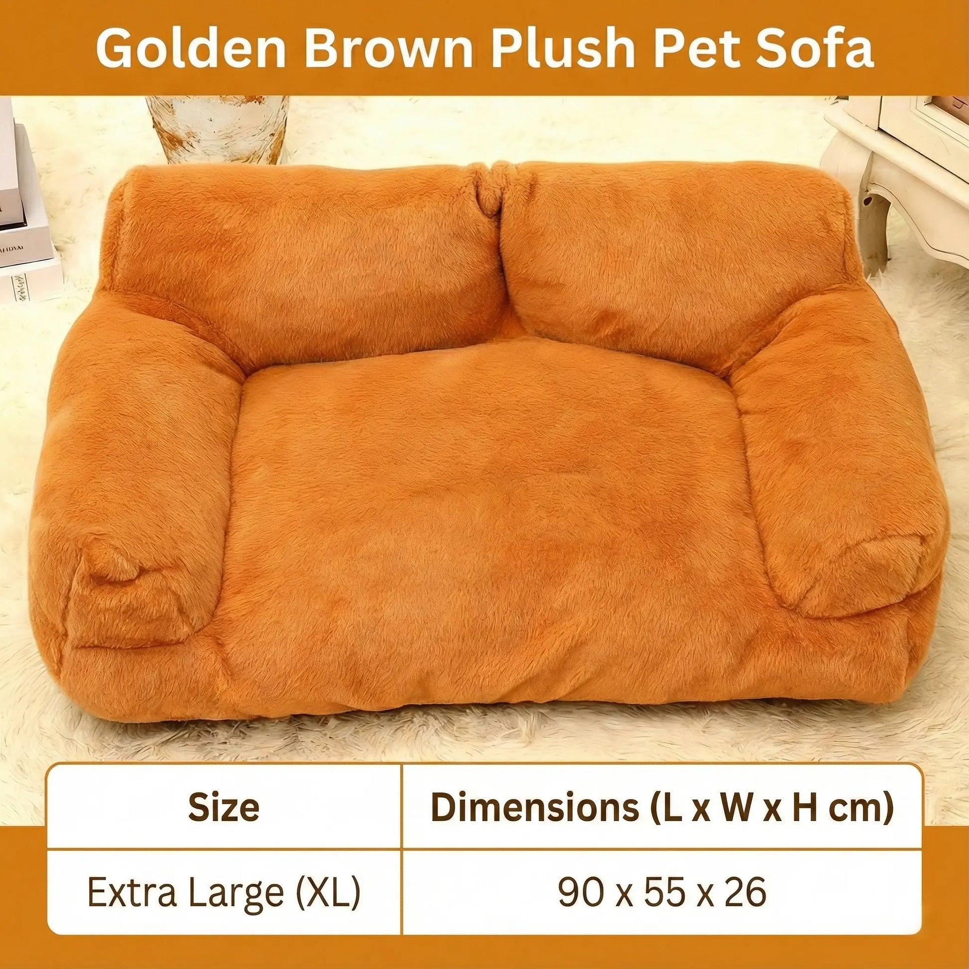 Premium Washable Pet Sofa Bed for Small to Medium Dogs and Cats - All-Season Indoor and Outdoor Lounger with Supportive Bolsters, Fits Two Pets, 35.4 x 21.7 x 10.2 inches, Brown Plush Fabric with PP Cotton Filling