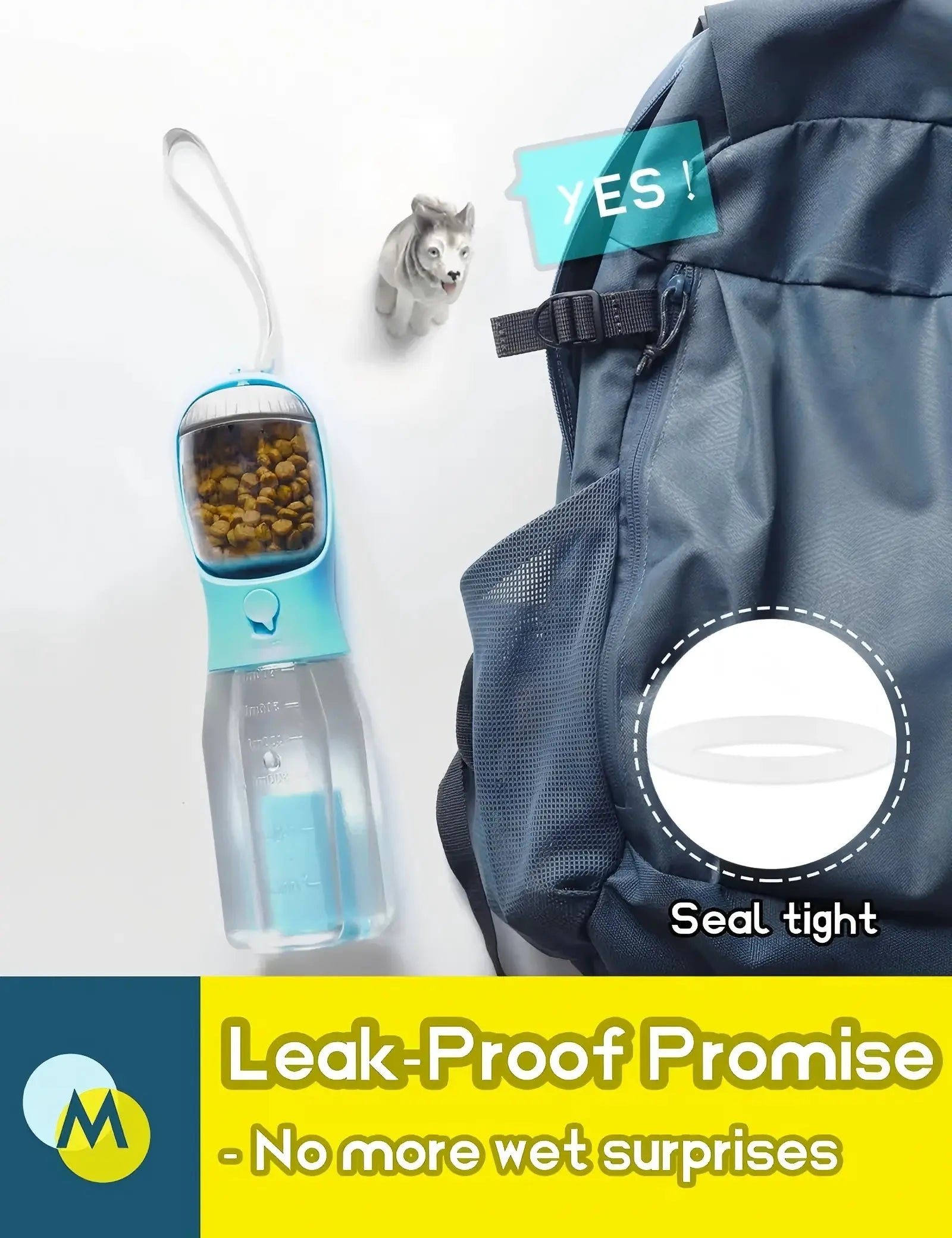 Portable 3-in-1 Dog Water Bottle with Food Storage and Waste Bag Dispenser - Ideal for Outdoor Adventures and Travel - 20oz, Blue