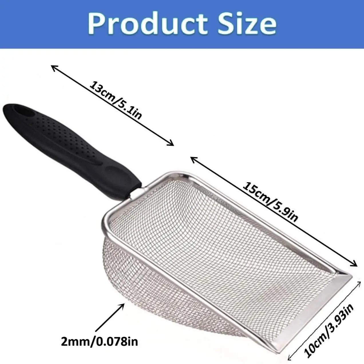 Fine Mesh Non-Stick Coated Stainless Steel Litter Scoop for Cats, Hamsters, Dogs, Chickens, and Reptiles (2mm Holes)