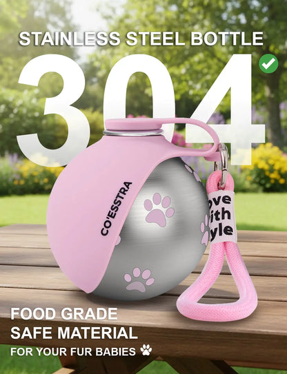 Stainless Steel Pet Water Bottle with Integrated Drinking Basin - 285ml Leak-Proof Travel Solution for Dogs and Cats, Ideal for Outdoor Adventures and Travel
