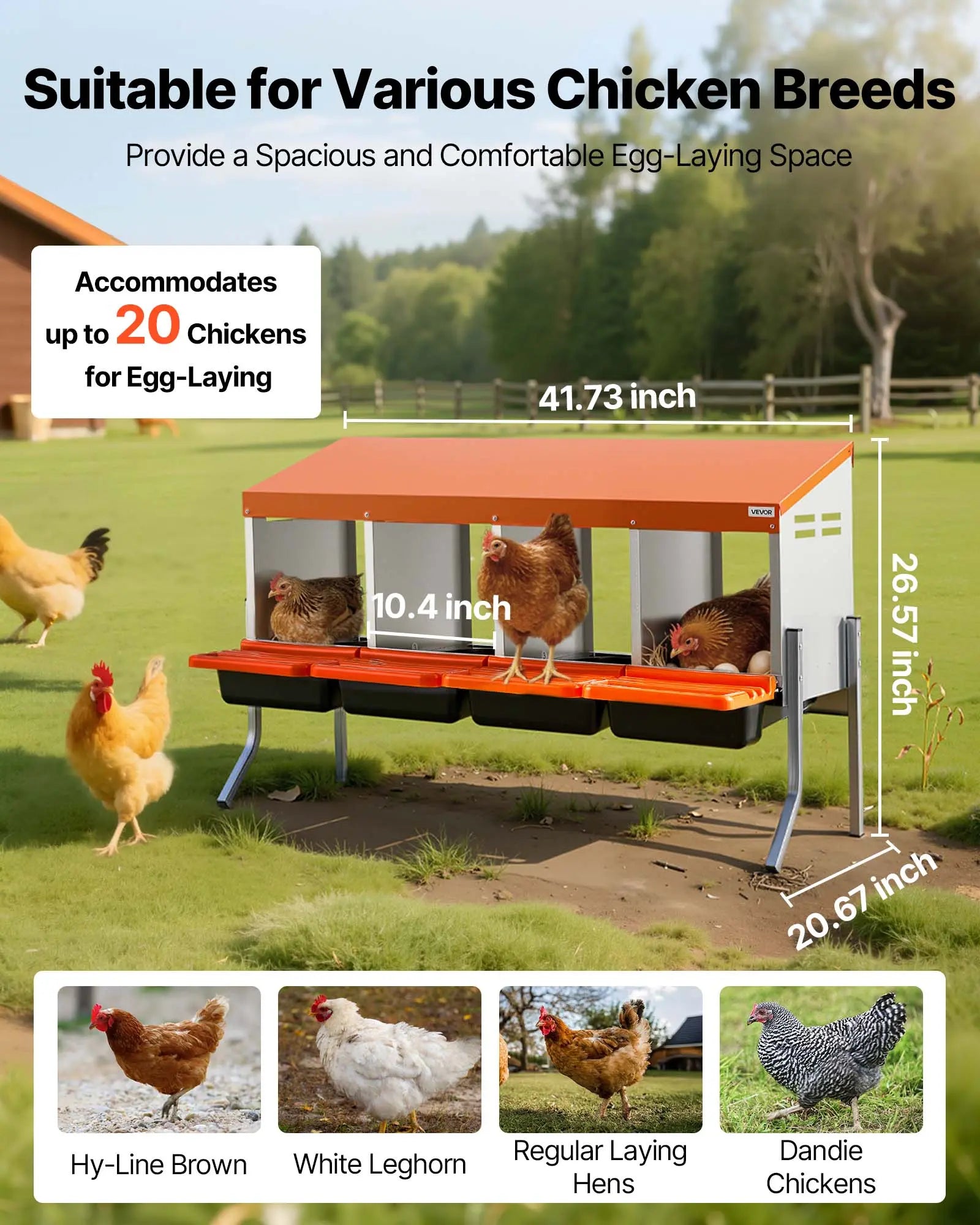 Vevor Chicken Nesting Boxes with 4 Compartments, Support Legs, Easy Egg Collection, Galvanized Steel and High-Strength Plastic, Roll Away Design for Hens, Orange