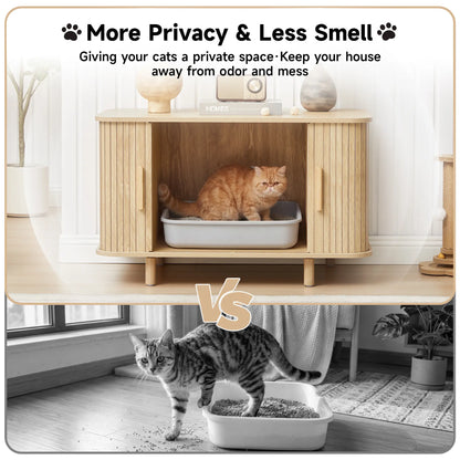 Giratree Modern Wooden Cat Litter Box Enclosure with Sliding Door, 35.5" Walnut Furniture Cabinet for Living Room
