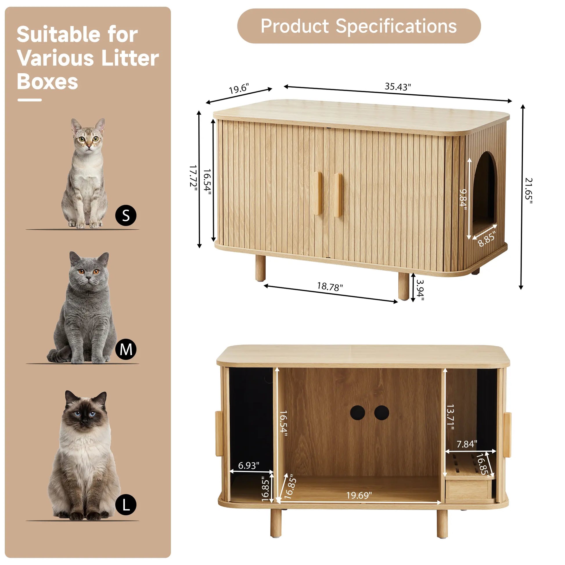Giratree Modern Wooden Cat Litter Box Enclosure with Sliding Door, 35.5" Walnut Furniture Cabinet for Living Room