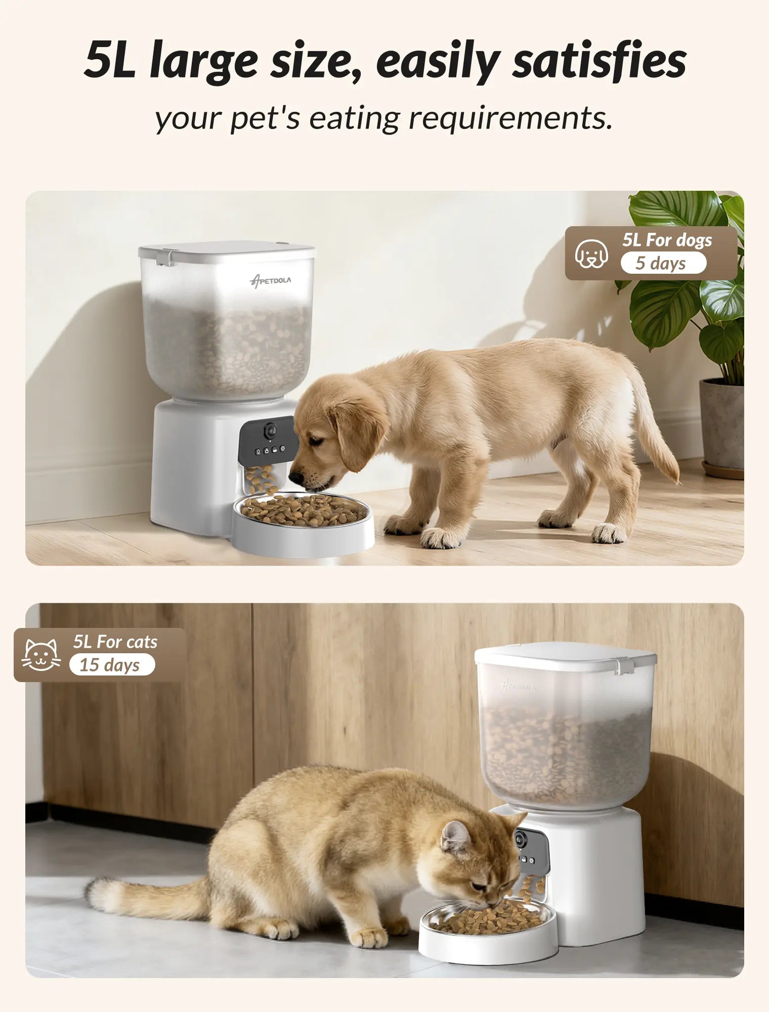 Smart Automatic Pet Feeder with Integrated Camera, 5L Capacity, Scheduled Feeding, Two-Way Audio, App Control, and Desiccant Bag for Cats and Dogs