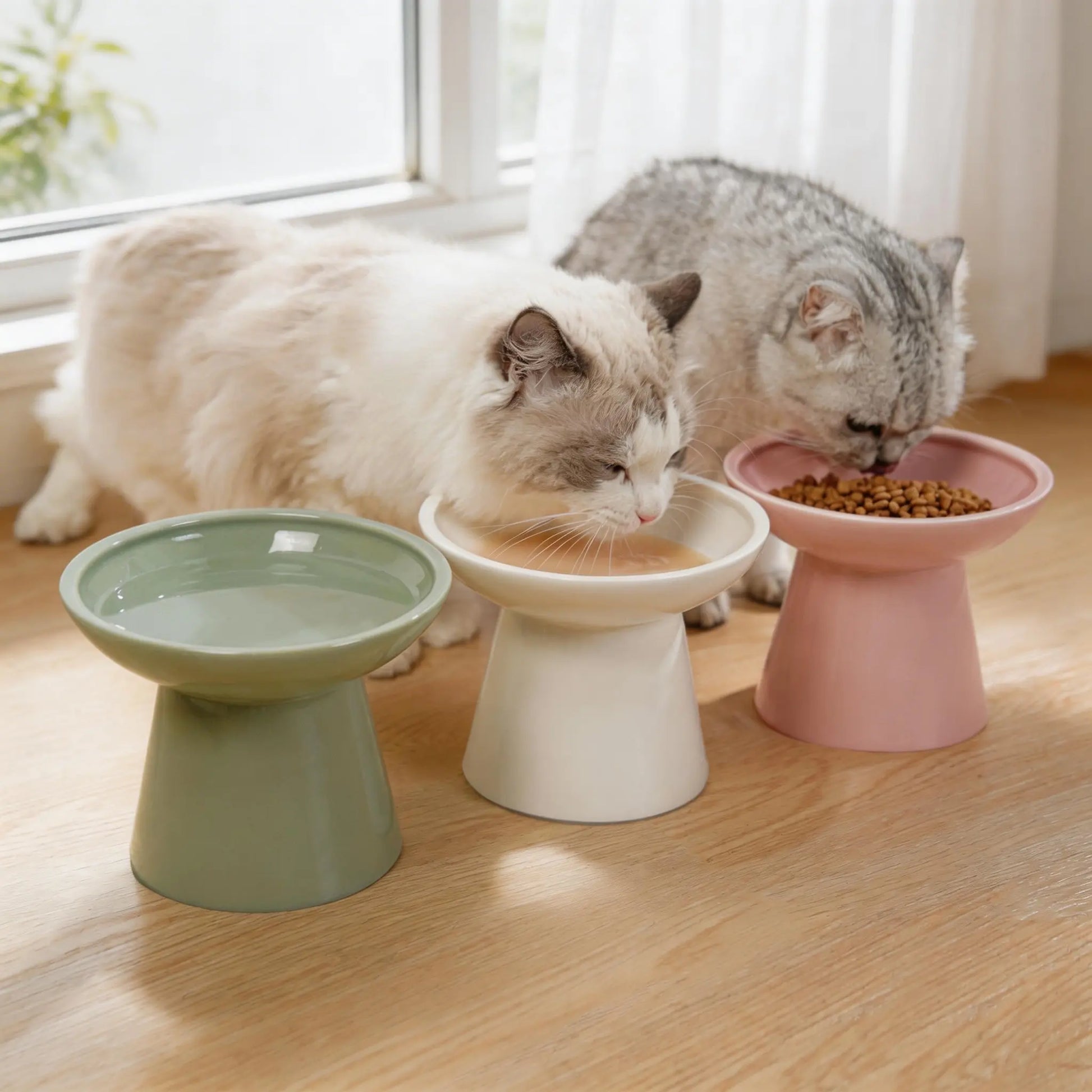 CEEFU 2-Pack Elevated Ceramic Pet Feeding Bowls – Shallow Food Bowl & Deep Water Bowl, 6.2" Width, 5" Height, Designed for Neck Comfort and Whisker Relief, Lead and Cadmium Free, White