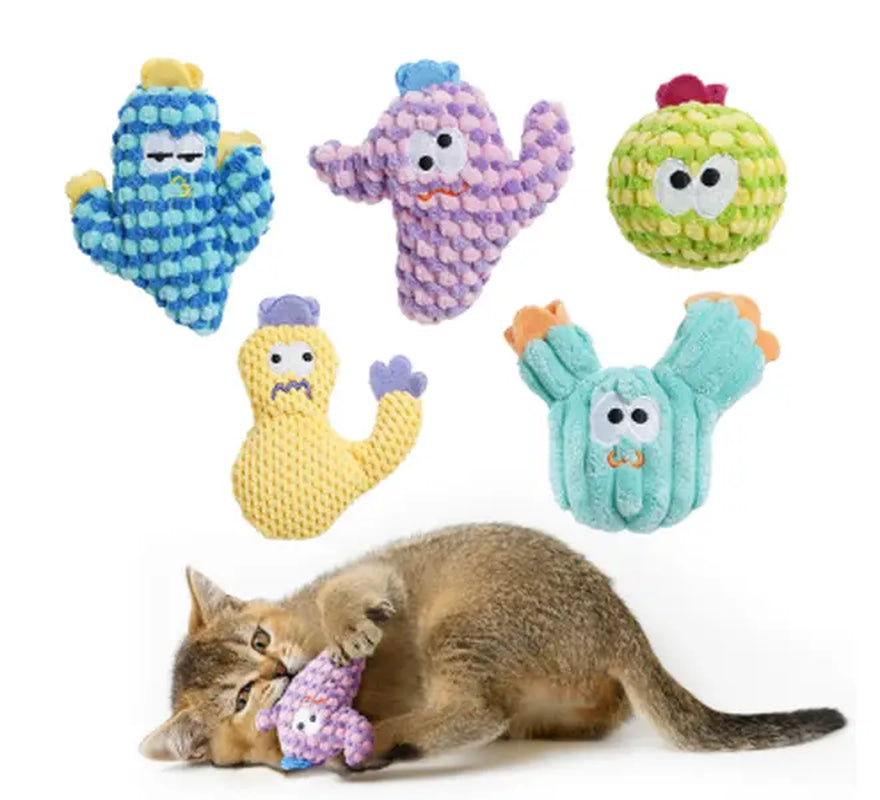 Pawsible 5-Pack Colorful Cactus Cat Toy Set with Premium Natural Herb Filling for Enhanced Stimulation and Soft Teething, Ideal for Kittens
