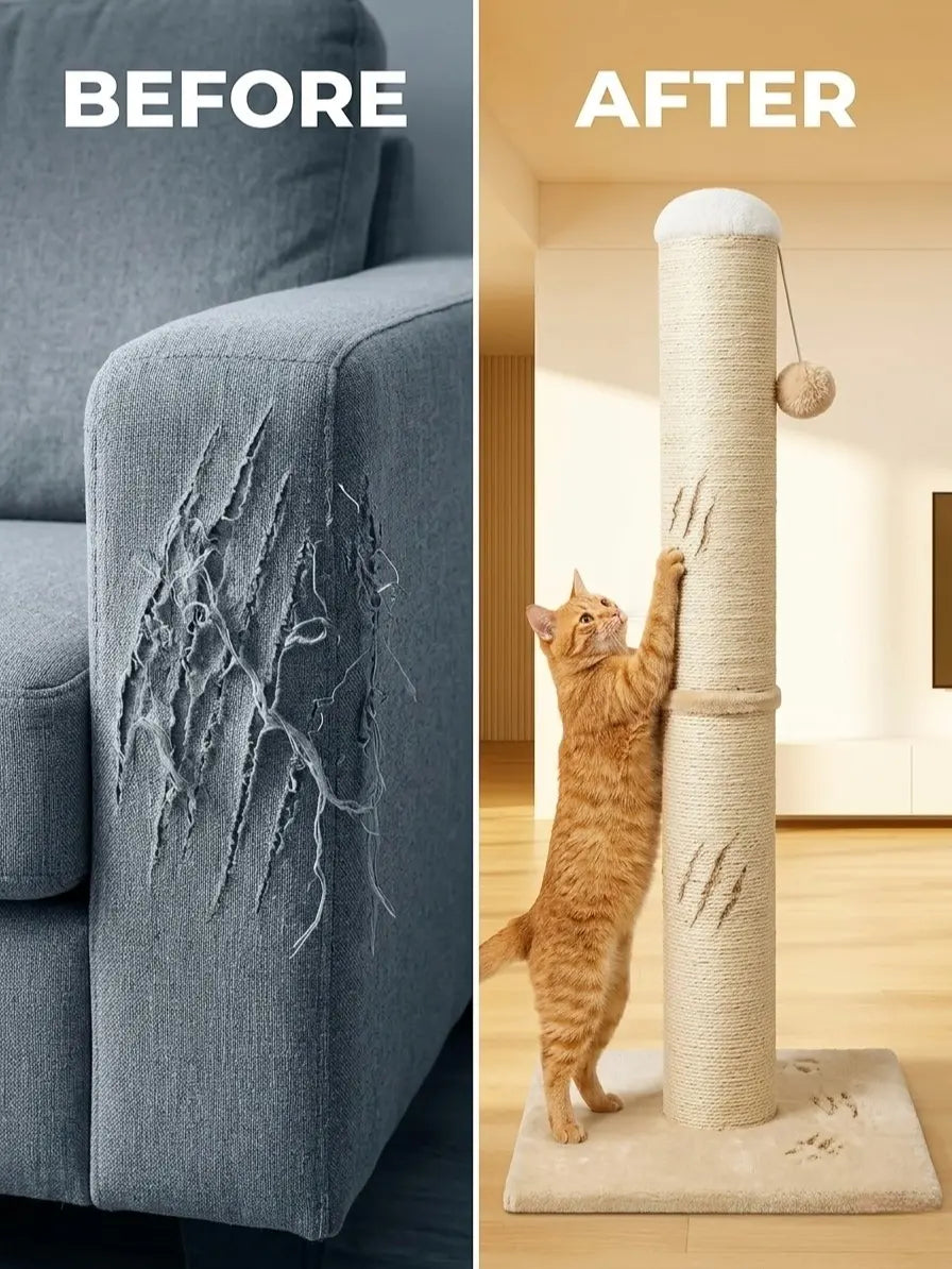 Pawrino Premium Tall Cat Scratching Post - Durable Sisal Coverage for Indoor Cats with Stable Base and Replaceable Toy Wand
