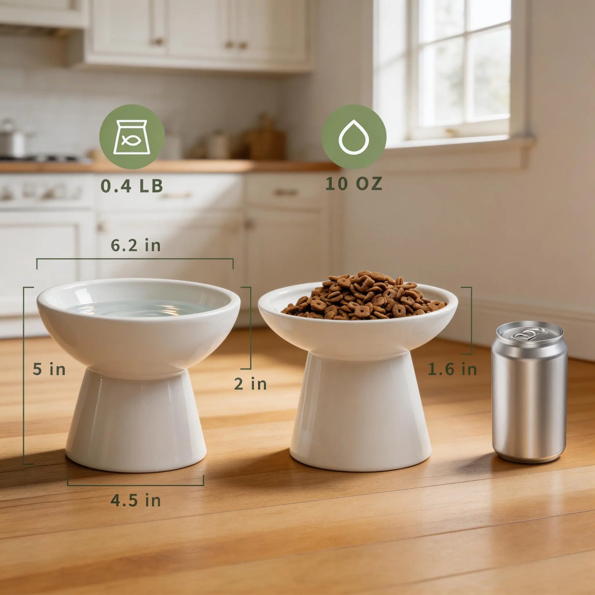 CEEFU 2-Pack Elevated Ceramic Pet Feeding Bowls – Shallow Food Bowl & Deep Water Bowl, 6.2" Width, 5" Height, Designed for Neck Comfort and Whisker Relief, Lead and Cadmium Free, White