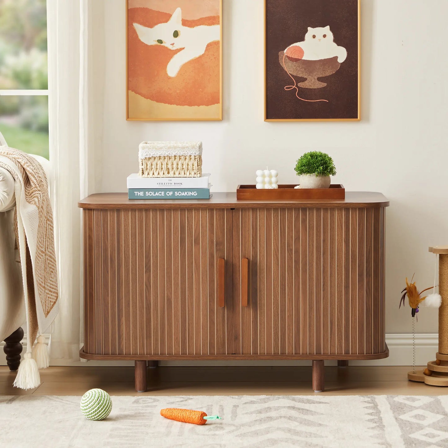 Giratree Modern Wooden Cat Litter Box Enclosure with Sliding Door, 35.5" Walnut Furniture Cabinet for Living Room