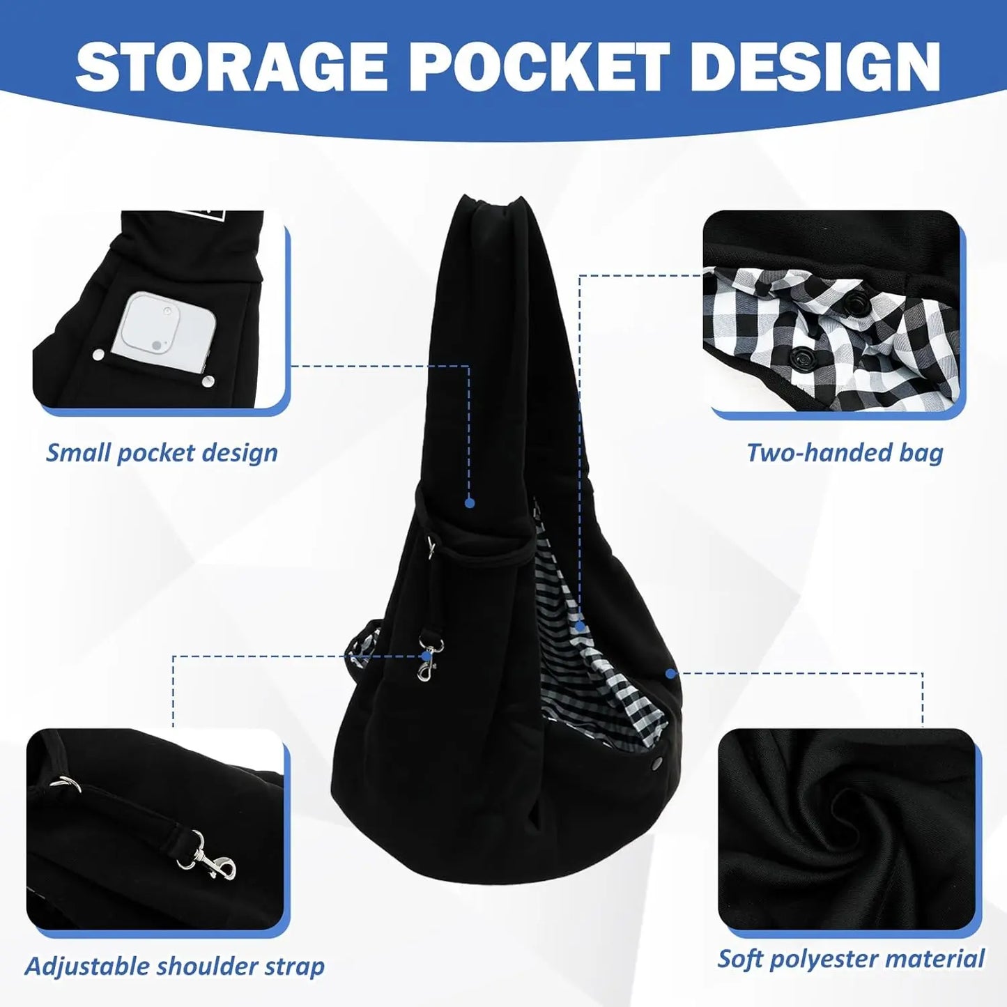Reversible Dog Carrier Sling with Storage Pocket - Hands-Free Pet Carrier for Small Dogs and Cats, Travel Safety Harness (Black)
