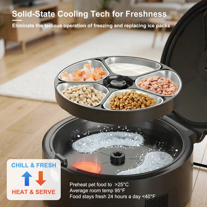 Premium Automatic Pet Feeder for Wet Food with Stainless Steel Bowl, Refrigeration System, App Control, HD 300° Wide-Angle Camera, Meal Warming Function, and Easy-Clean Design for Up to 5 Meals Over 3 Days