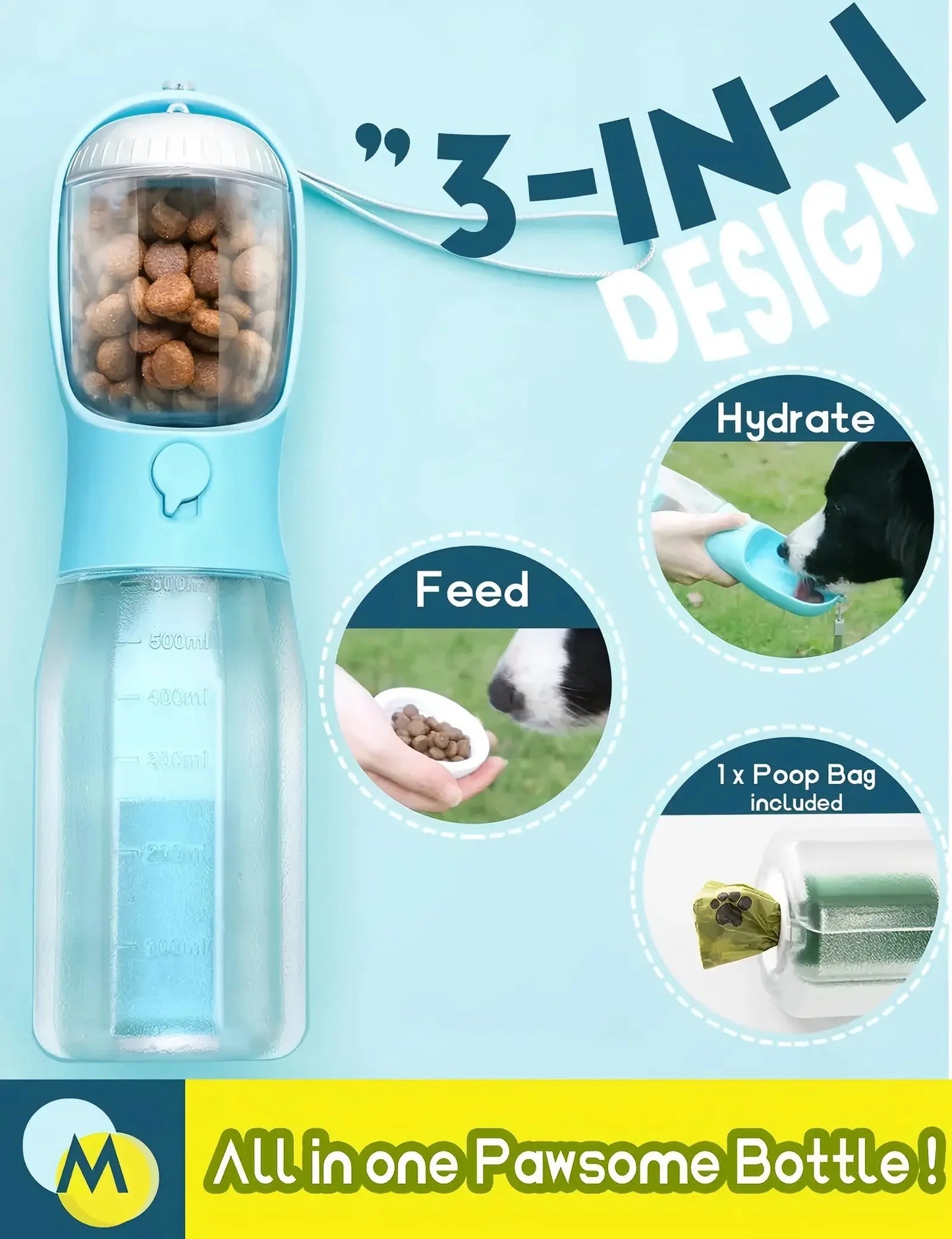 Portable 3-in-1 Dog Water Bottle with Food Storage and Waste Bag Dispenser - Ideal for Outdoor Adventures and Travel - 20oz, Blue