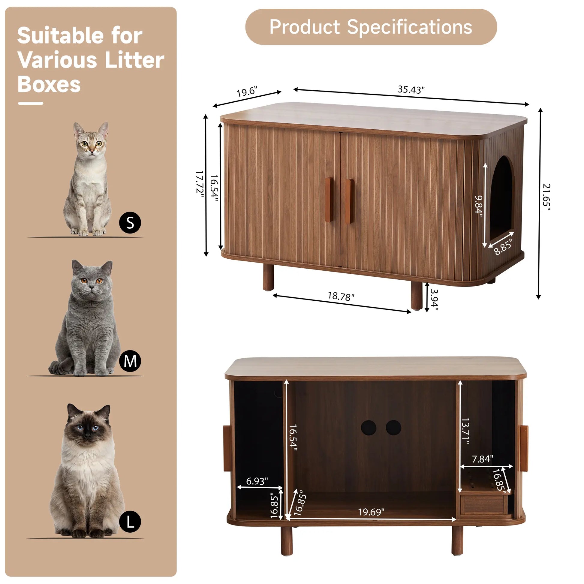 Giratree Modern Wooden Cat Litter Box Enclosure with Sliding Door, 35.5" Walnut Furniture Cabinet for Living Room