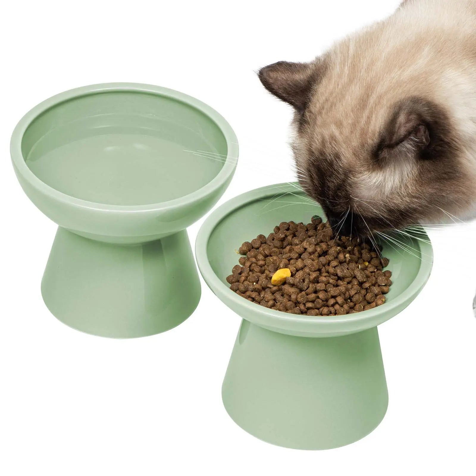 CEEFU 2-Pack Elevated Ceramic Pet Feeding Bowls – Shallow Food Bowl & Deep Water Bowl, 6.2" Width, 5" Height, Designed for Neck Comfort and Whisker Relief, Lead and Cadmium Free, White