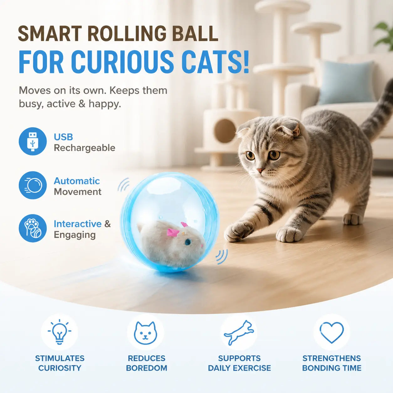 Interactive Smart Cat Toy Ball - Automatic Rolling Mouse, USB Rechargeable Feline Entertainment Device