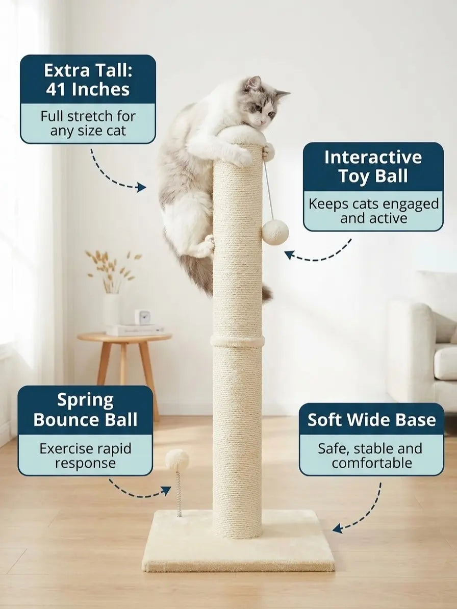 Pawrino Premium Tall Cat Scratching Post - Durable Sisal Coverage for Indoor Cats with Stable Base and Replaceable Toy Wand