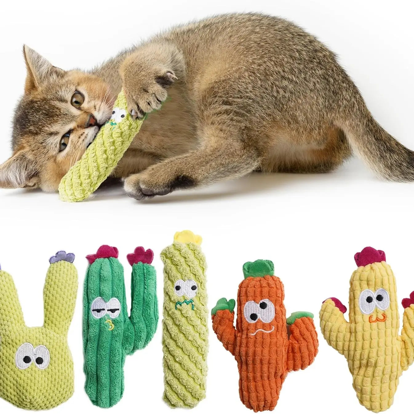Pawsible 5-Pack Colorful Cactus Cat Toy Set with Premium Natural Herb Filling for Enhanced Stimulation and Soft Teething, Ideal for Kittens