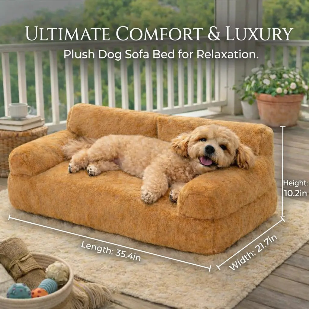 Premium Washable Pet Sofa Bed for Small to Medium Dogs and Cats - All-Season Indoor and Outdoor Lounger with Supportive Bolsters, Fits Two Pets, 35.4 x 21.7 x 10.2 inches, Brown Plush Fabric with PP Cotton Filling